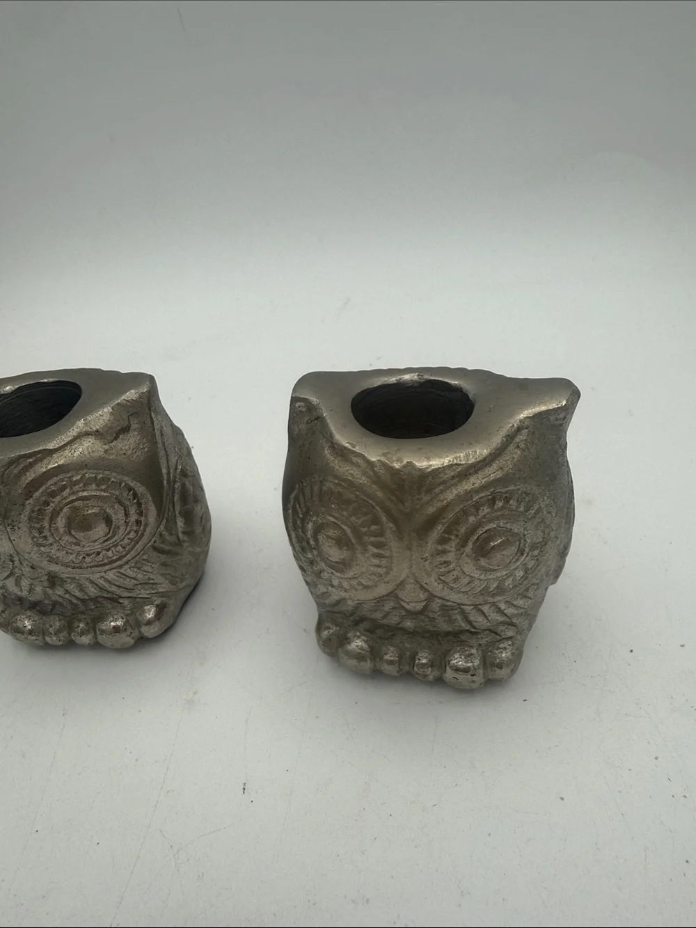 Pair of Hobby Lobby Metallic Silver tone metal  Owl pillar candle Holders